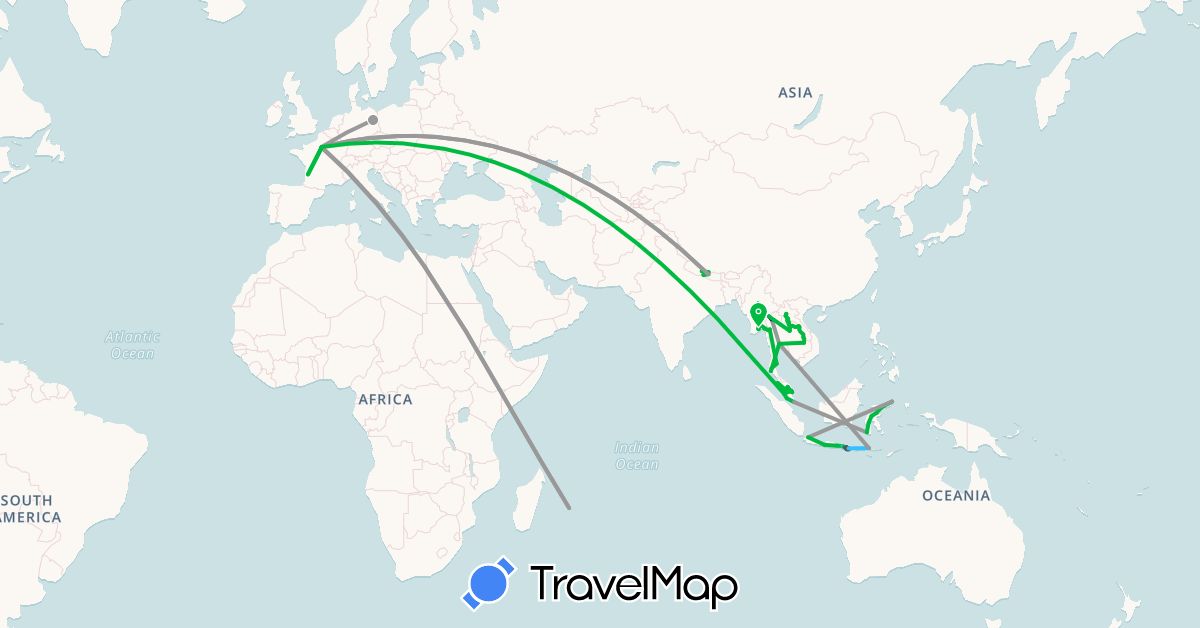 TravelMap itinerary: driving, bus, plane, boat, motorbike in Germany, France, Indonesia, Laos, Myanmar (Burma), Malaysia, Nepal, Réunion, Singapore, Thailand (Africa, Asia, Europe)